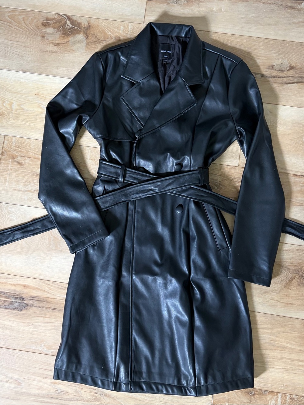 Love Tree Black Faux Leather Belted Trench Coat